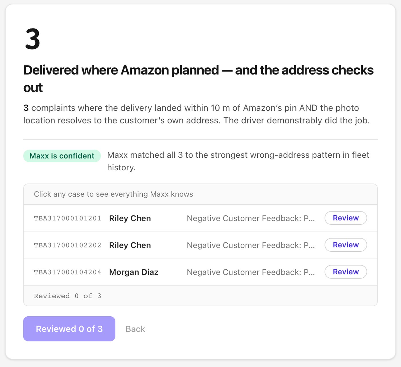 The case list under a decision: each TBA with the driver and the complaint, and a Review button to see everything Maxx found